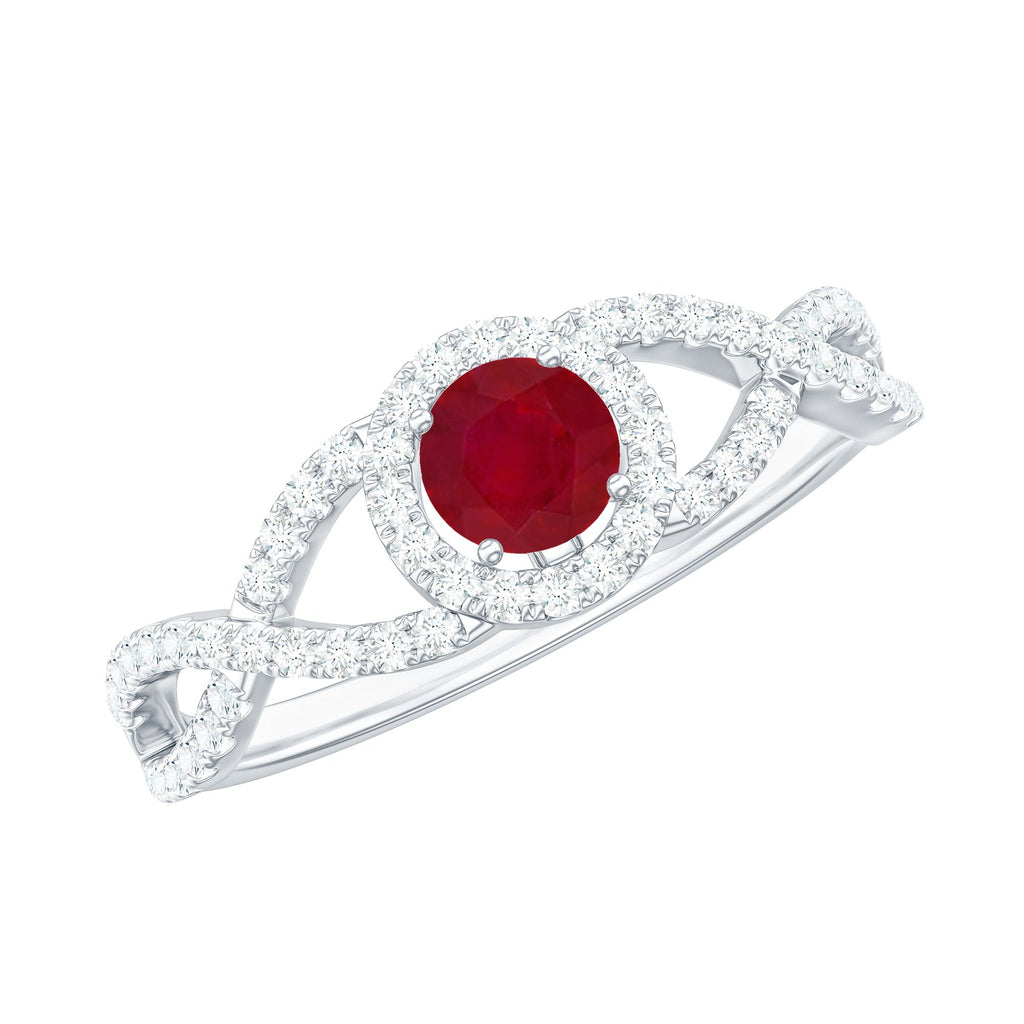 Round Ruby and Diamond Criss Cross Engagement Ring