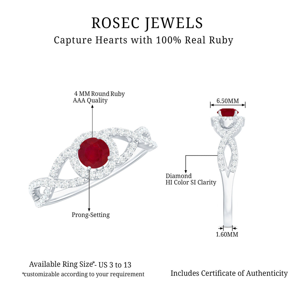 Round Ruby and Diamond Criss Cross Engagement Ring