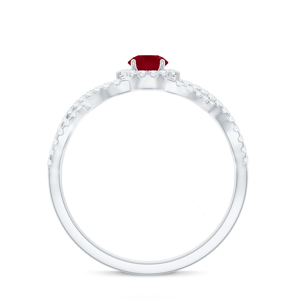Round Ruby and Diamond Criss Cross Engagement Ring