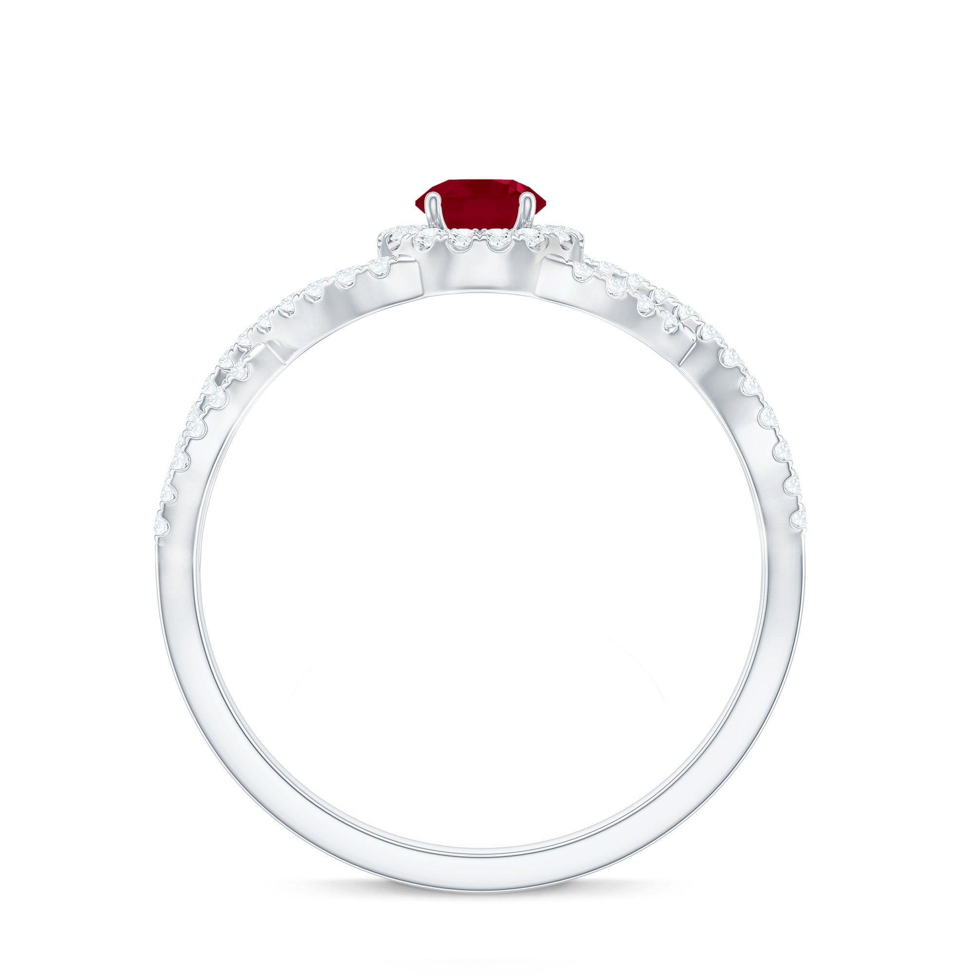 Round Ruby and Diamond Criss Cross Engagement Ring