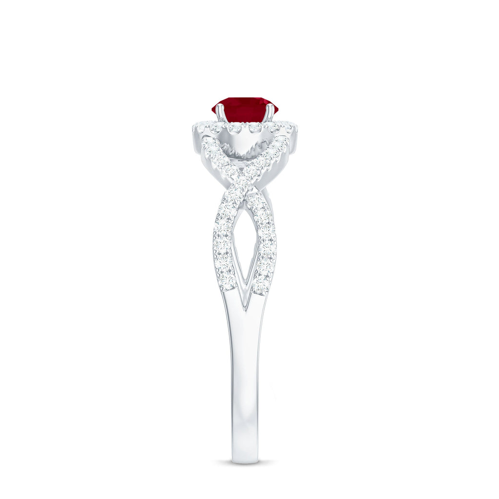 Round Ruby and Diamond Criss Cross Engagement Ring