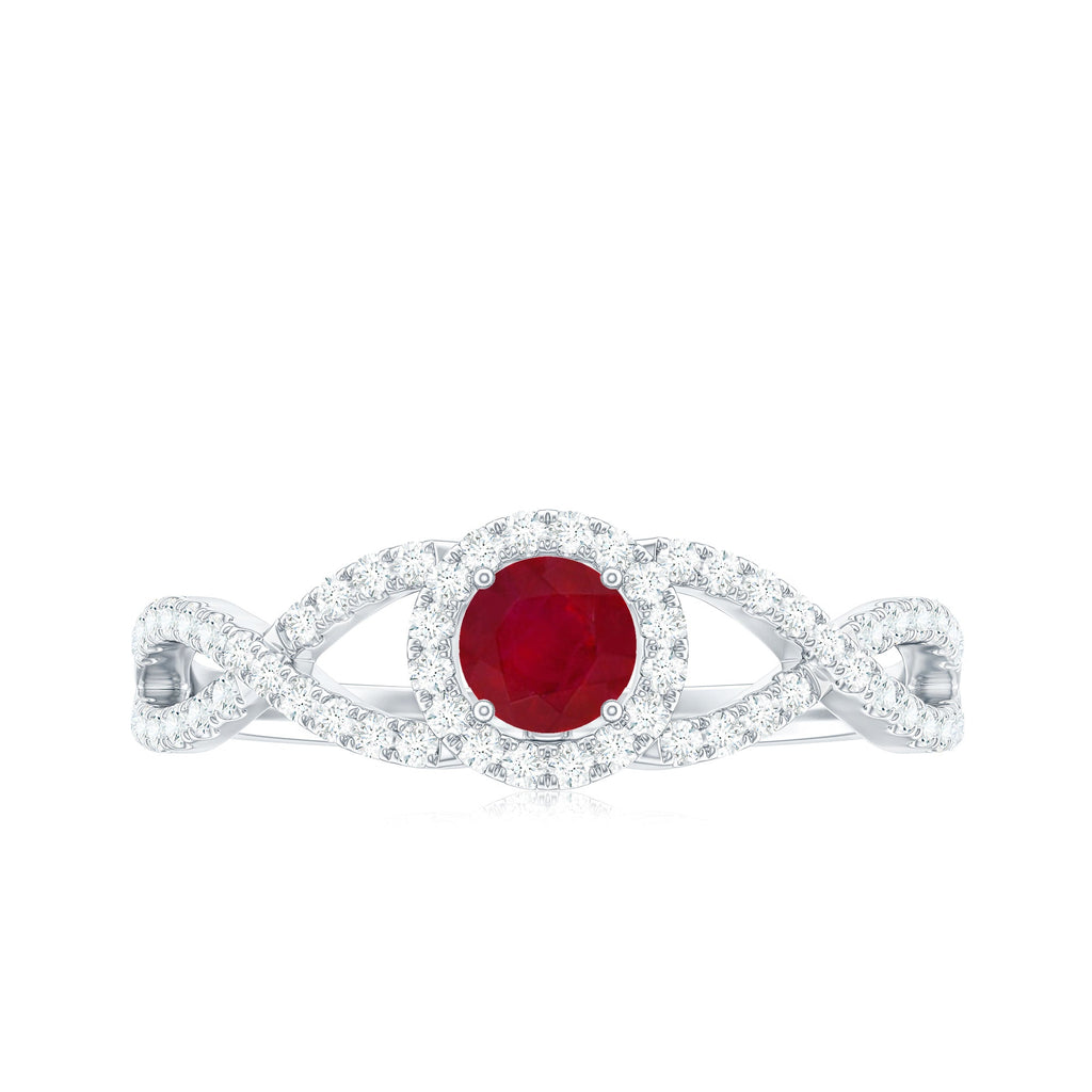Round Ruby and Diamond Criss Cross Engagement Ring