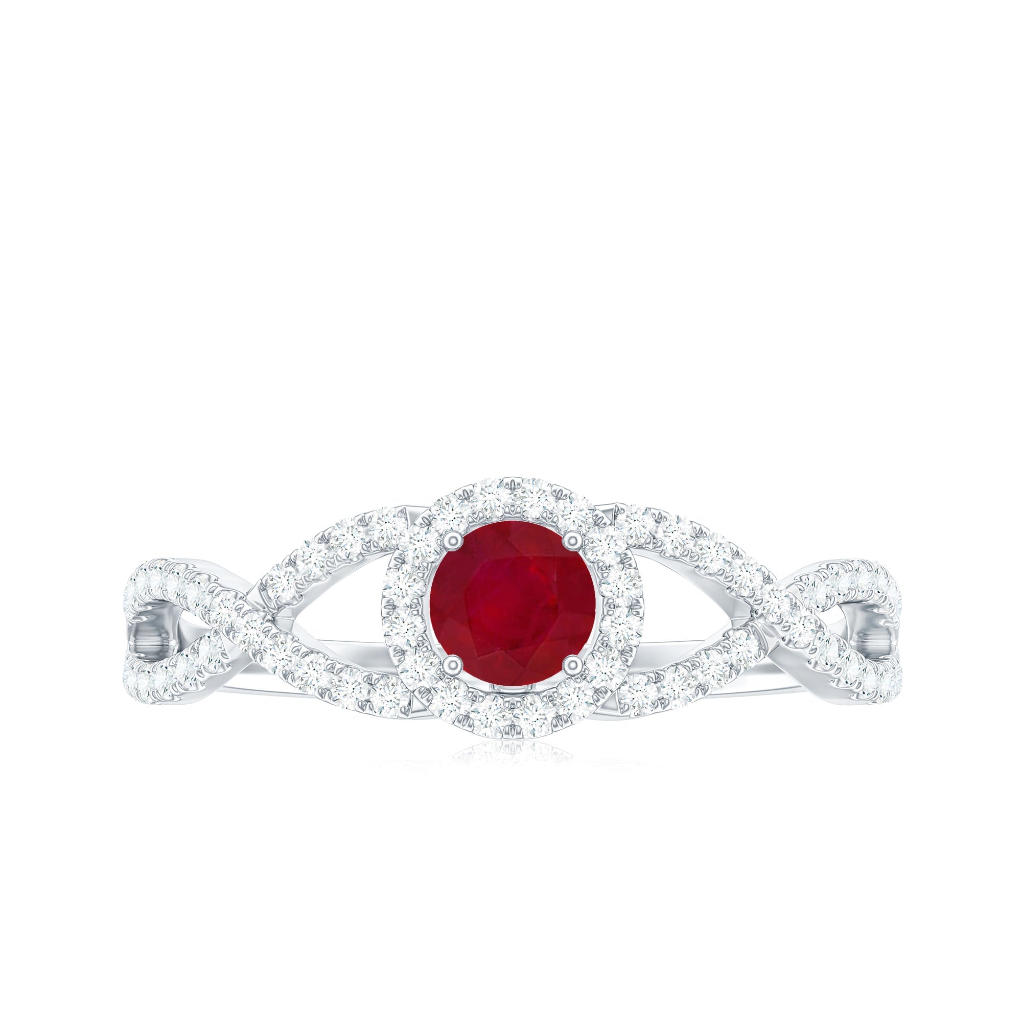 Round Ruby and Diamond Criss Cross Engagement Ring