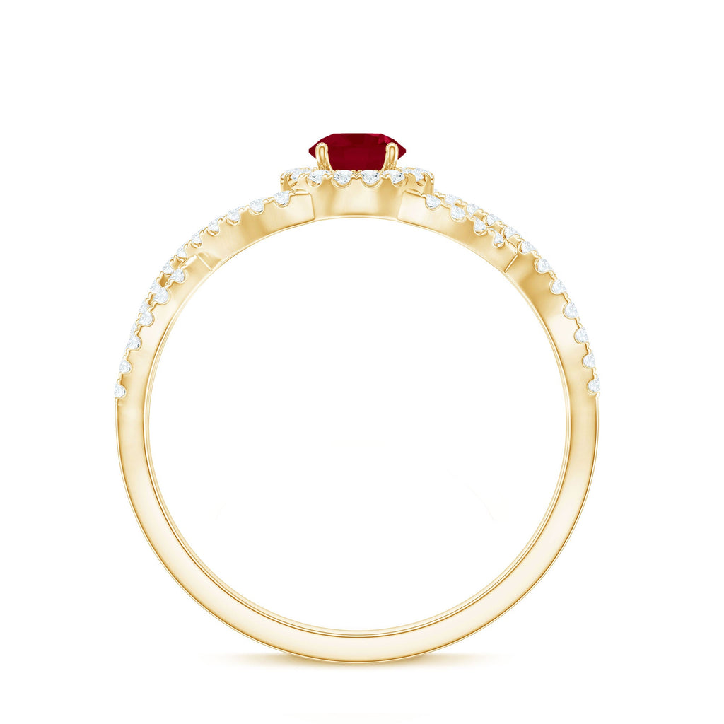 Round Ruby and Diamond Criss Cross Engagement Ring