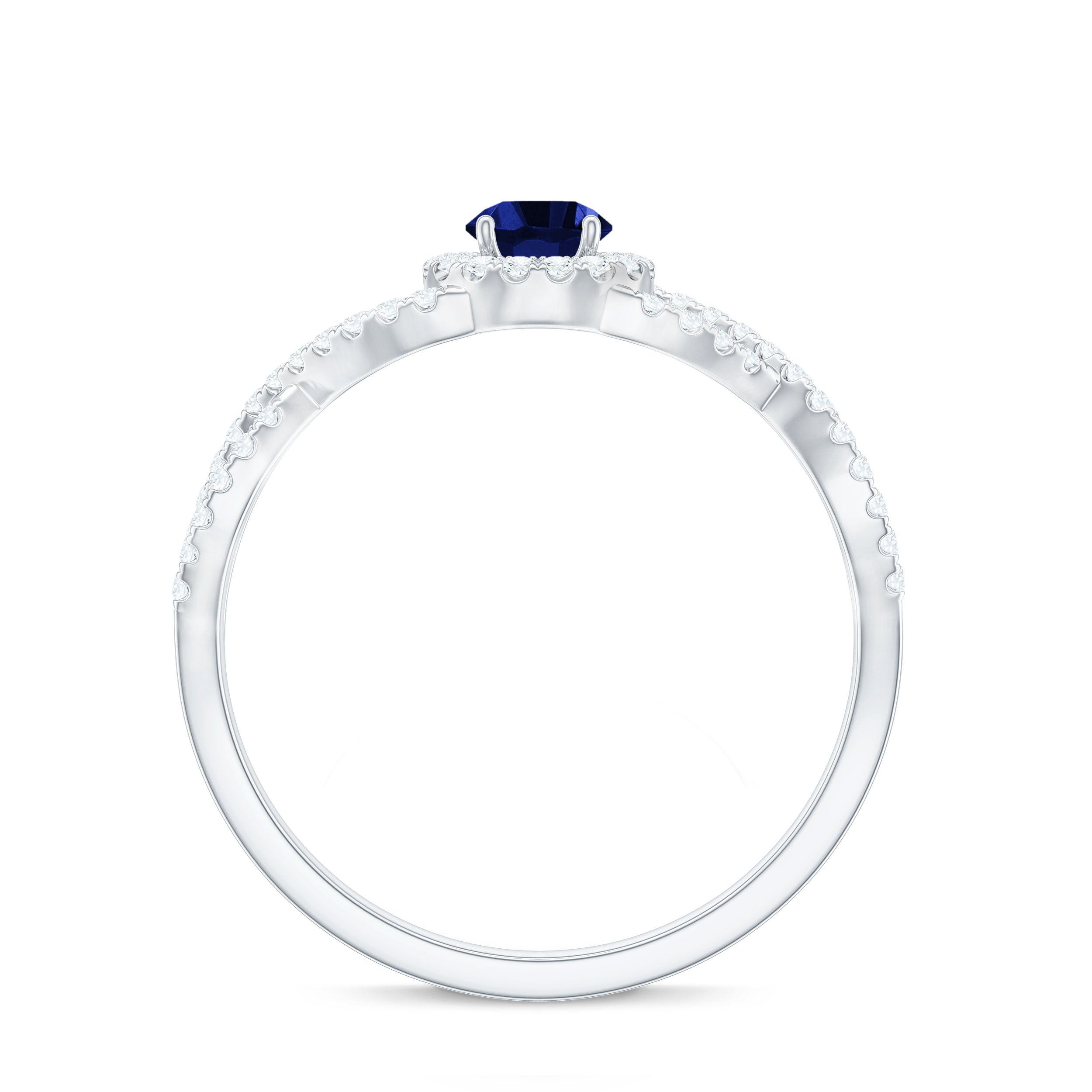 Certified 0.6 Carat Lab Grown Blue Sapphire Crossover Engagement Ring with Moissanite