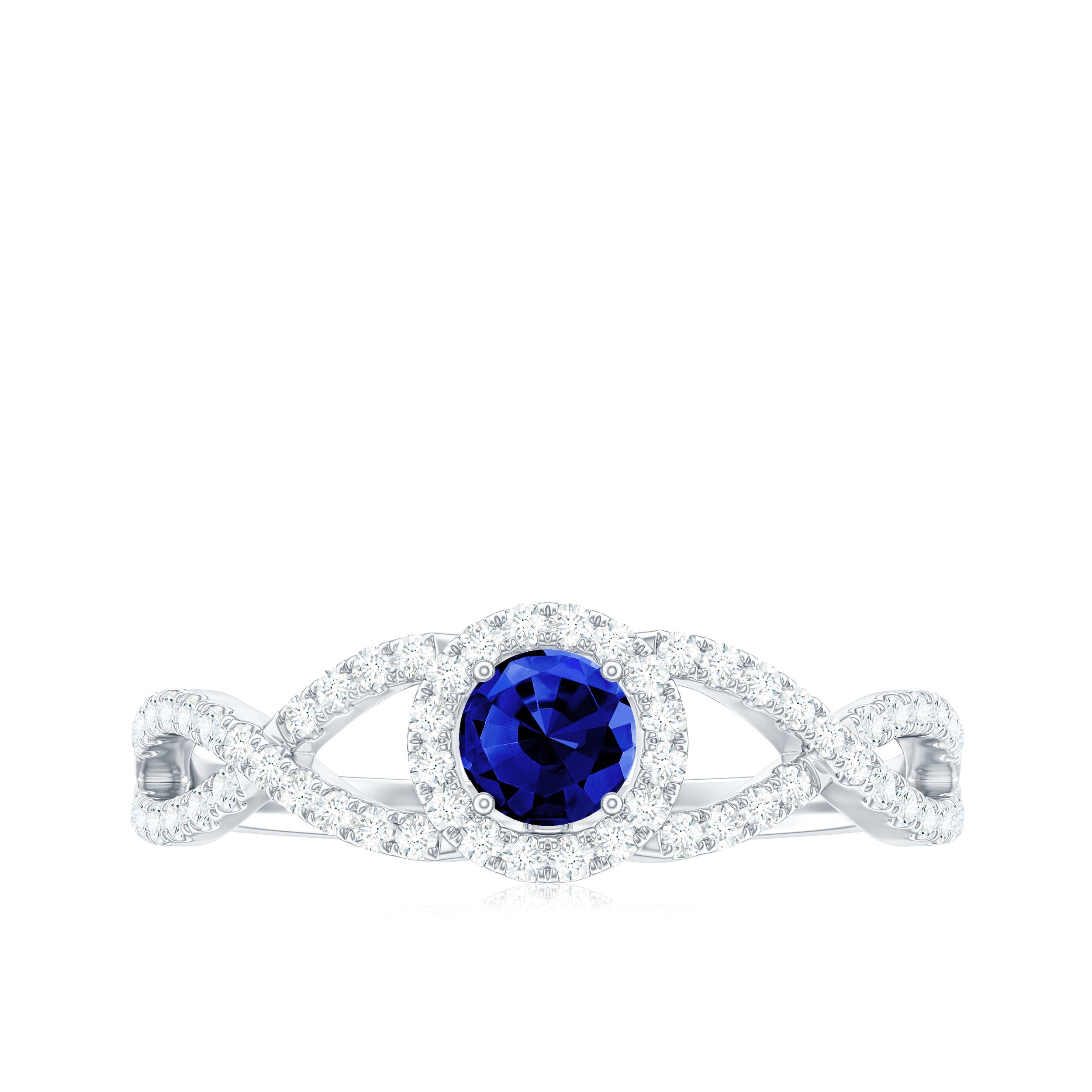 Certified 0.6 Carat Lab Grown Blue Sapphire Crossover Engagement Ring with Moissanite