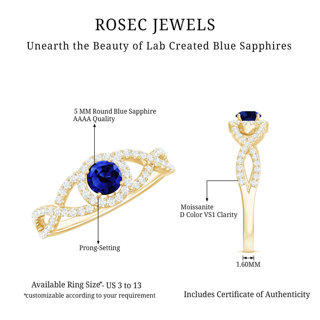 Certified 0.6 Carat Lab Grown Blue Sapphire Crossover Engagement Ring with Moissanite