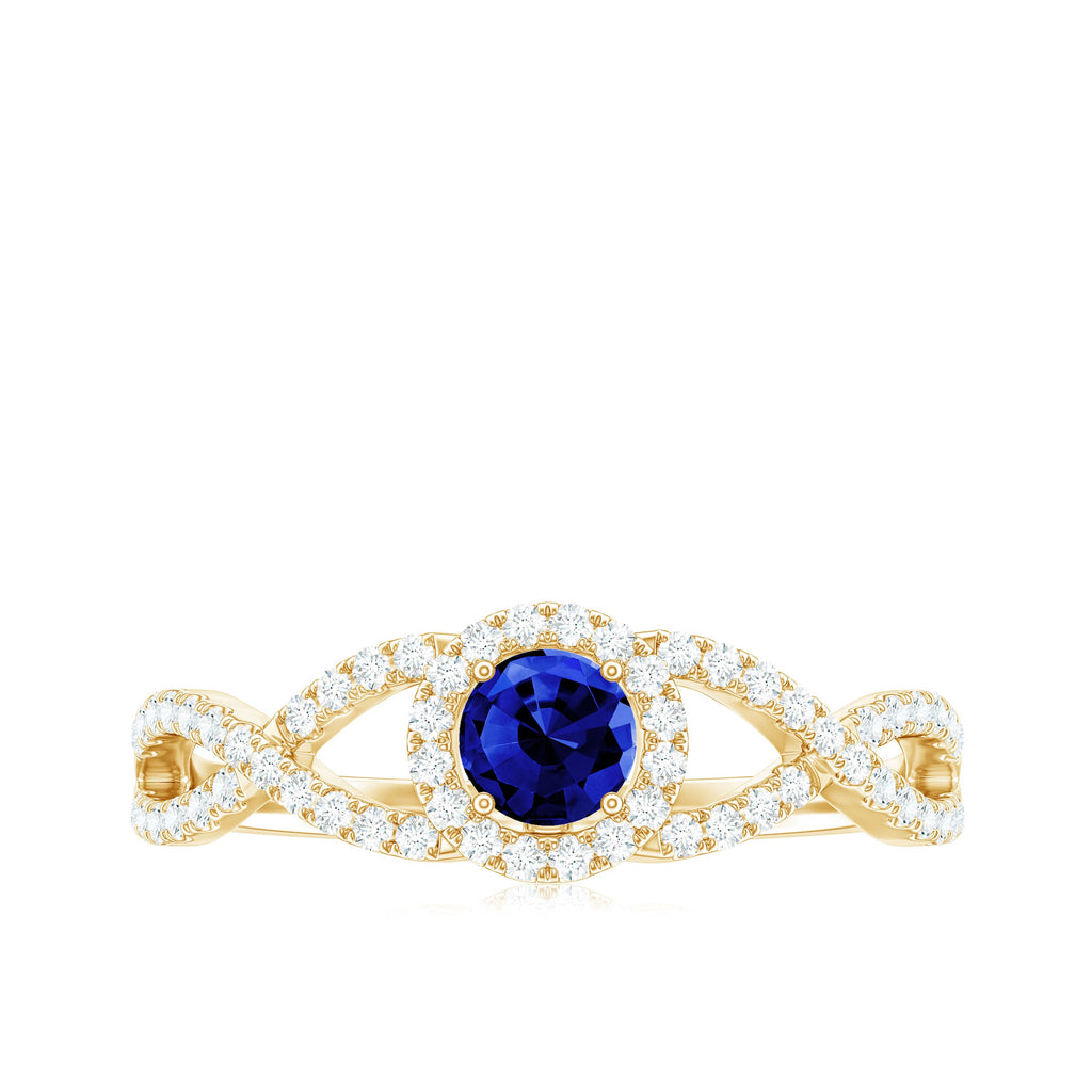 Certified 0.6 Carat Lab Grown Blue Sapphire Crossover Engagement Ring with Moissanite