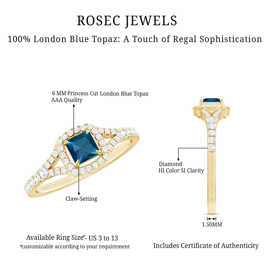 6mm Princess Cut London Blue Topaz Engagement Ring with Diamond Split Shank