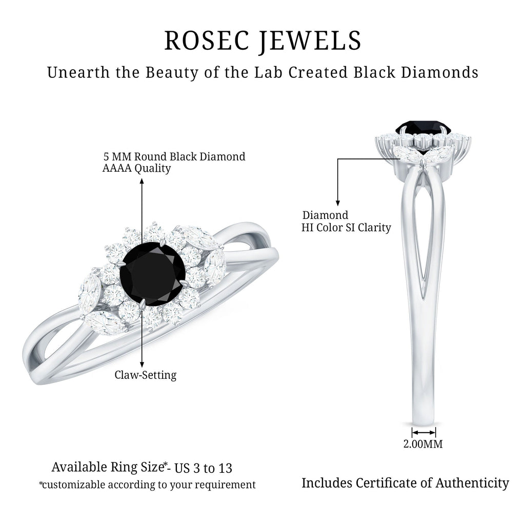 Split Shank Created Black Diamond Flower Ring with Diamond Accent
