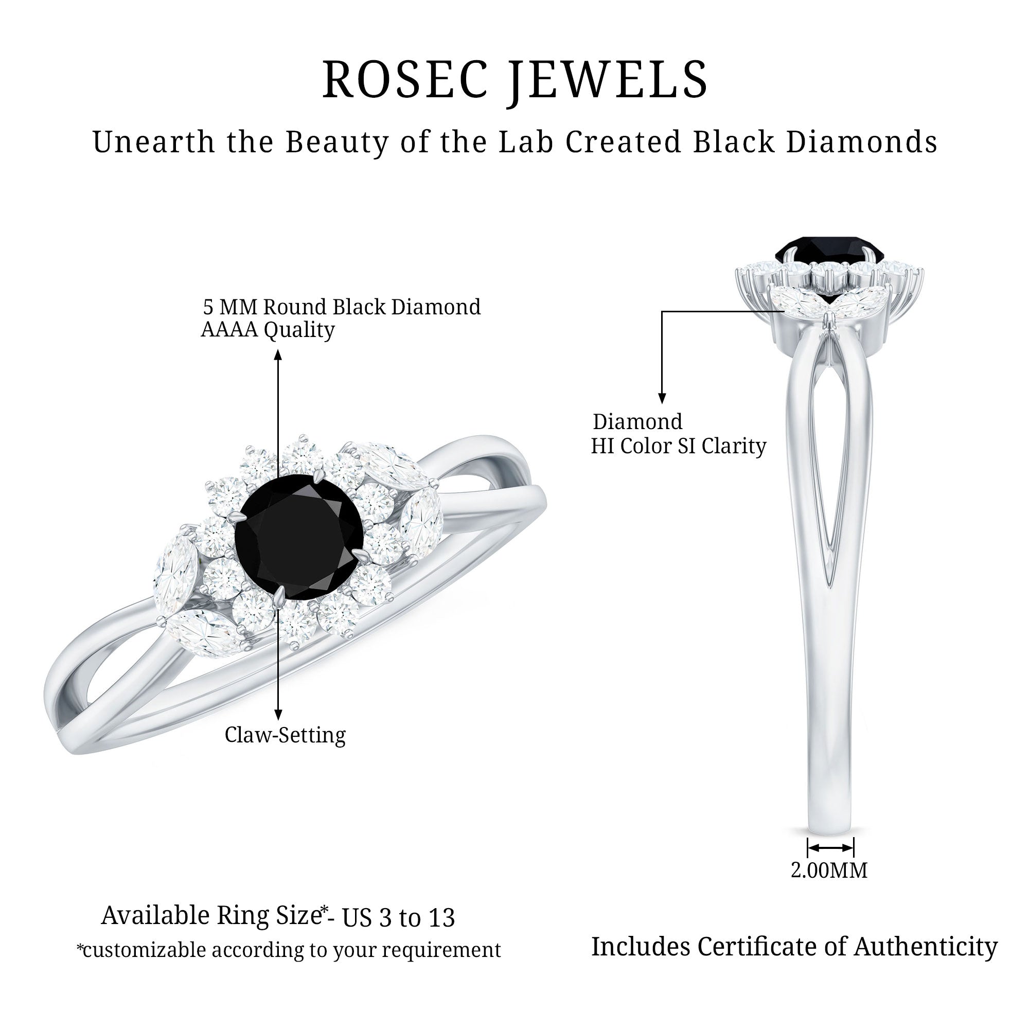 Split Shank Created Black Diamond Flower Ring with Diamond Accent