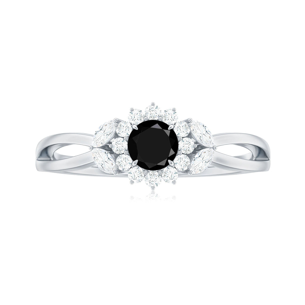 Split Shank Created Black Diamond Flower Ring with Diamond Accent