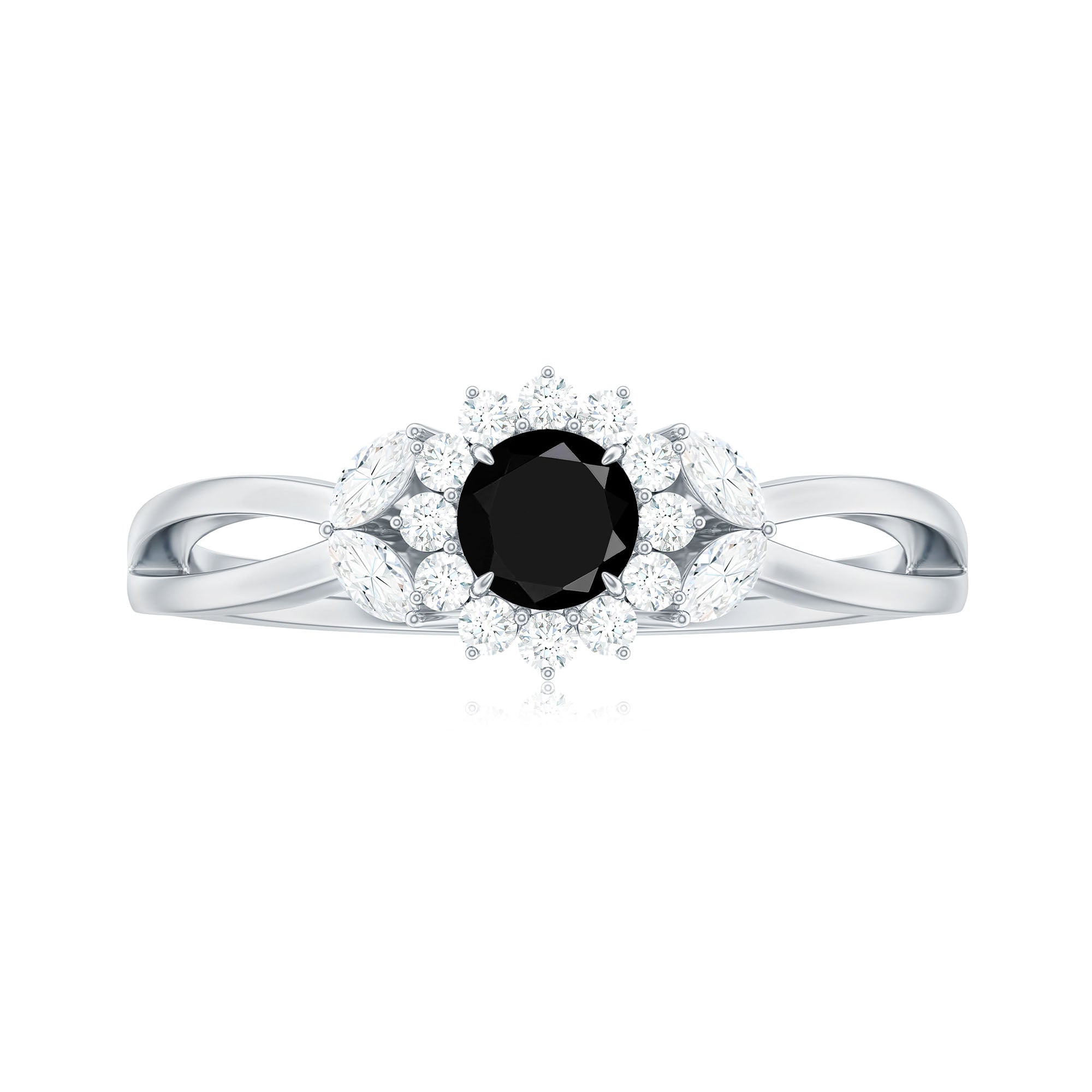 Split Shank Created Black Diamond Flower Ring with Diamond Accent