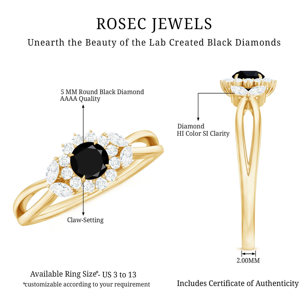 Split Shank Created Black Diamond Flower Ring with Diamond Accent