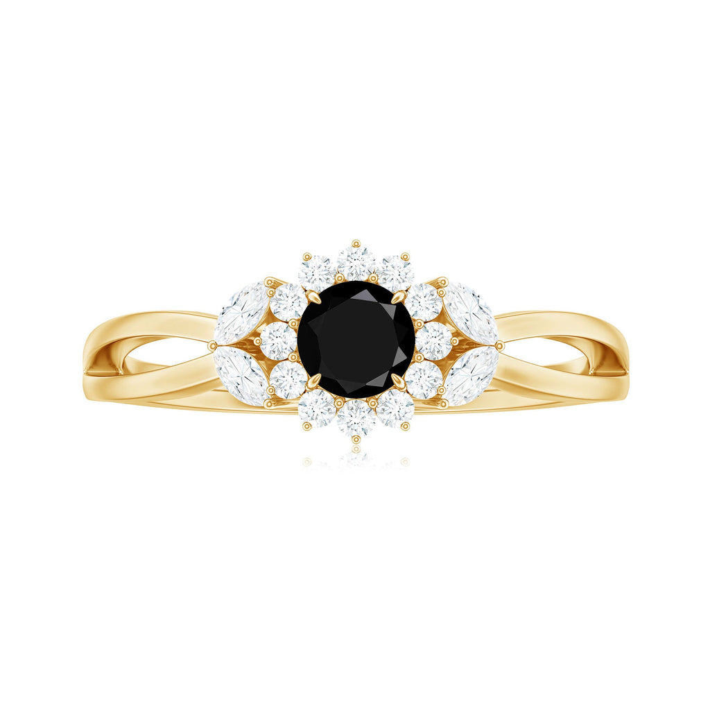Split Shank Created Black Diamond Flower Ring with Diamond Accent