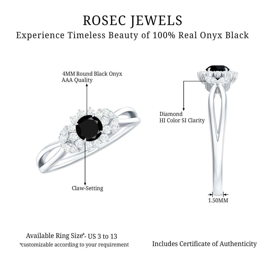 Natural Black Onyx and Diamond Floral Engagement Ring
