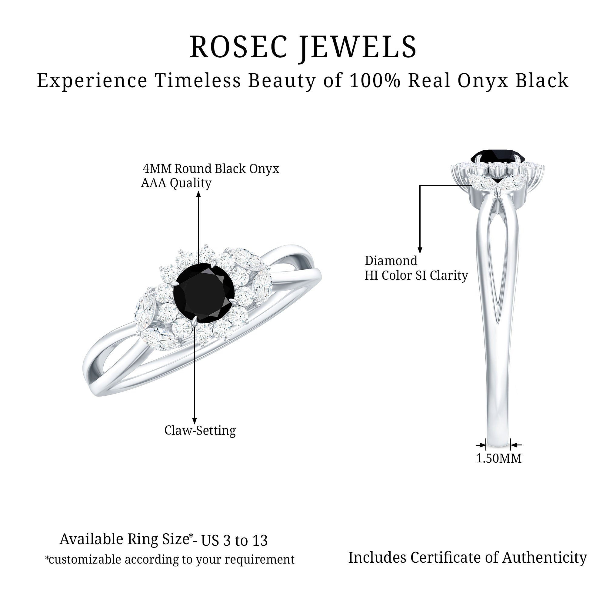Natural Black Onyx and Diamond Floral Engagement Ring