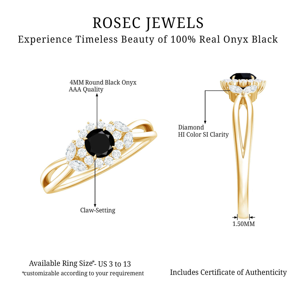 Natural Black Onyx and Diamond Floral Engagement Ring