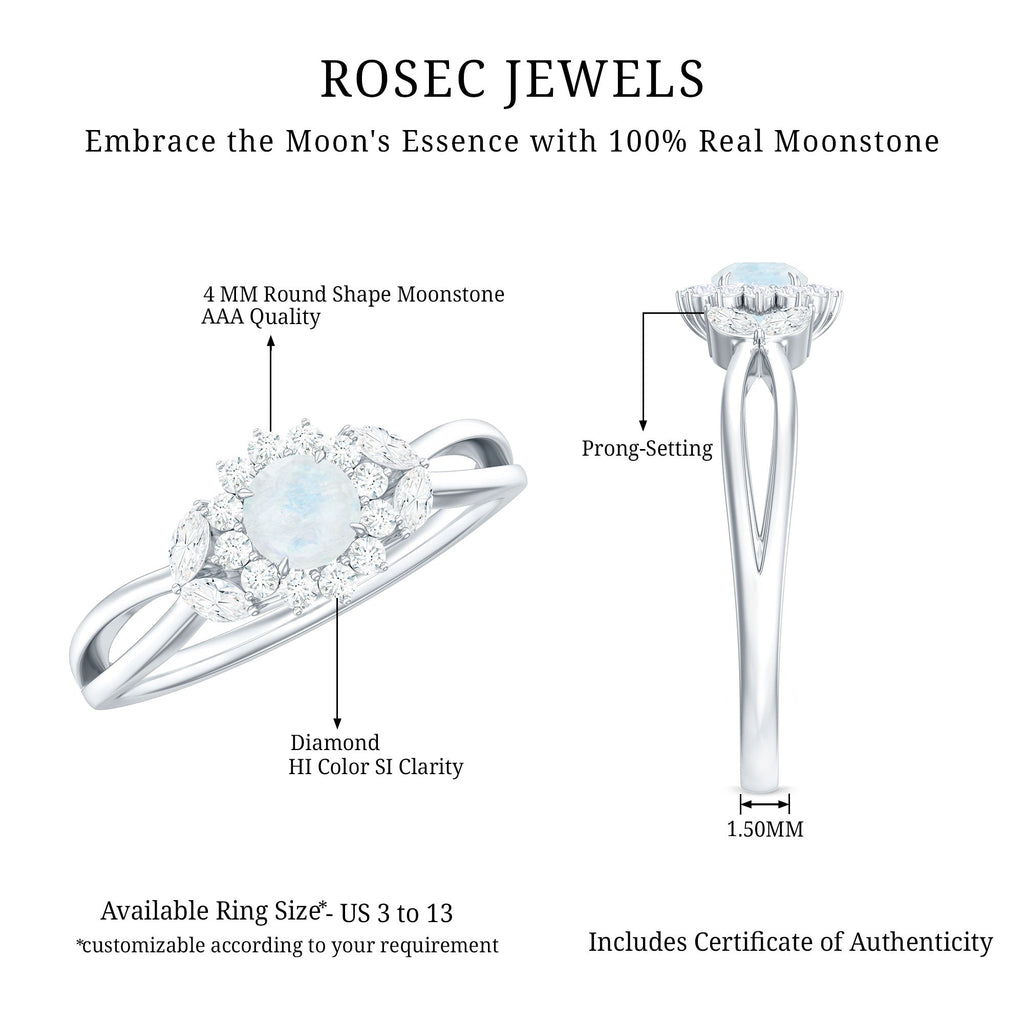 Moonstone and Diamond Flower Engagement Ring with Split Shank