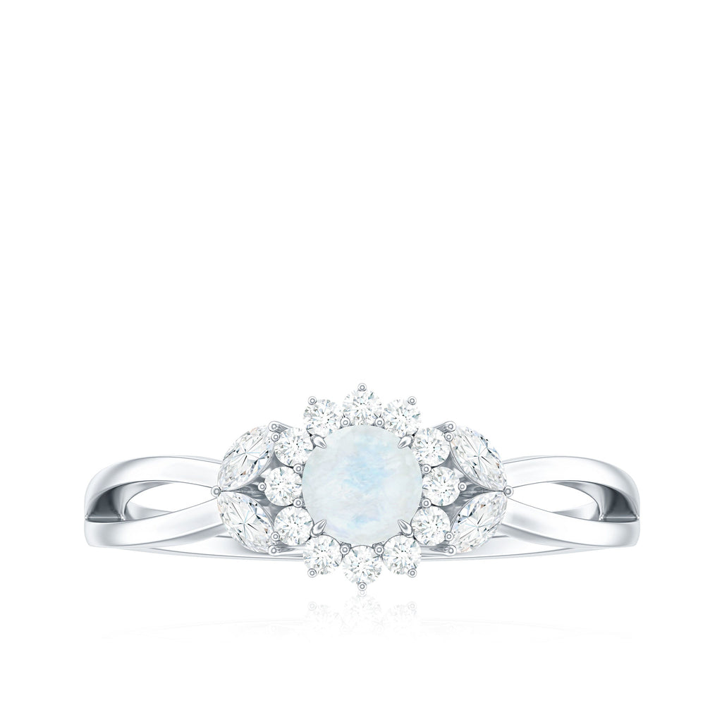 Moonstone and Diamond Flower Engagement Ring with Split Shank