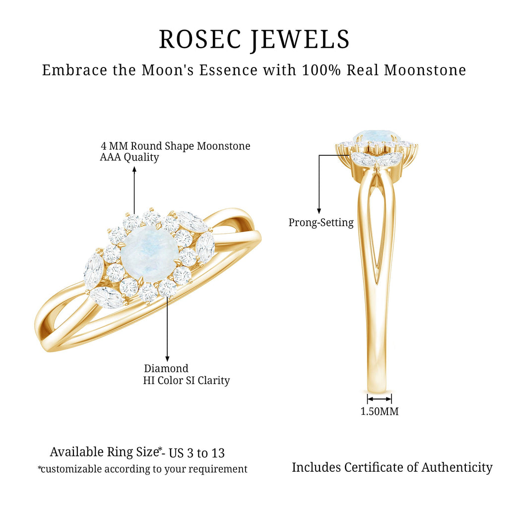 Moonstone and Diamond Flower Engagement Ring with Split Shank