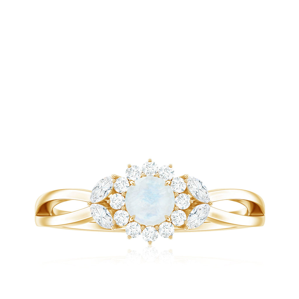 Moonstone and Diamond Flower Engagement Ring with Split Shank