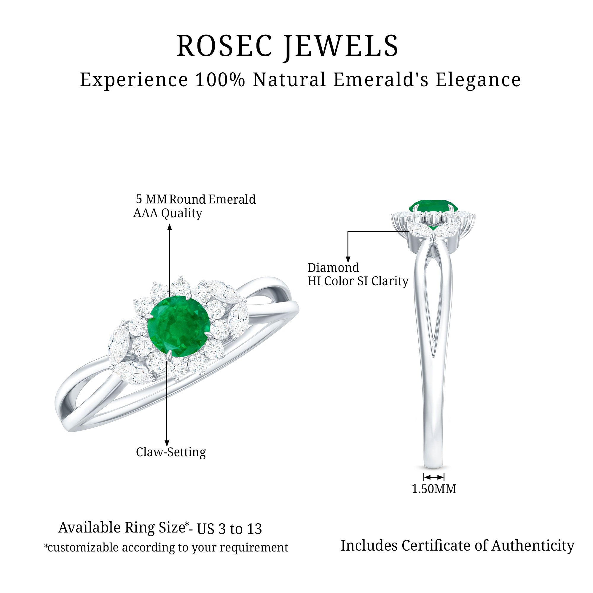 Real Emerald and Diamond Flower Engagement Ring with Split Shank