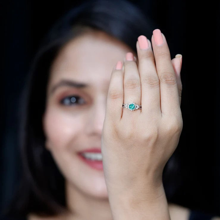 Real Emerald and Diamond Flower Engagement Ring with Split Shank