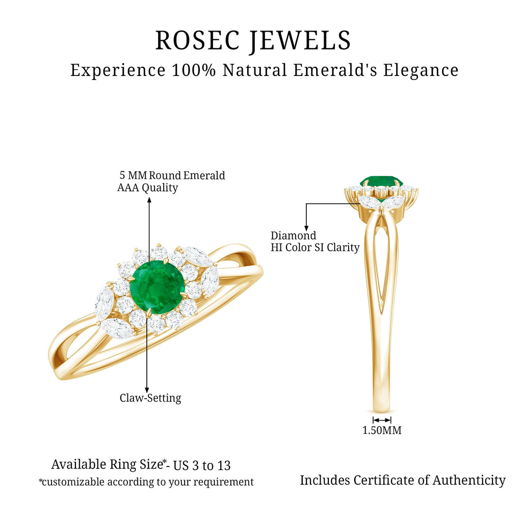 Real Emerald and Diamond Flower Engagement Ring with Split Shank
