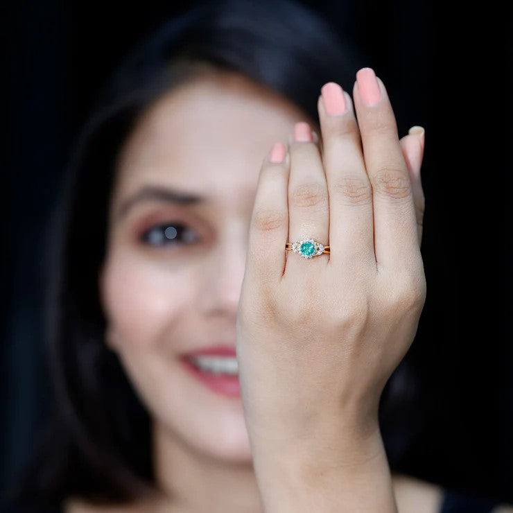 Real Emerald and Diamond Flower Engagement Ring with Split Shank