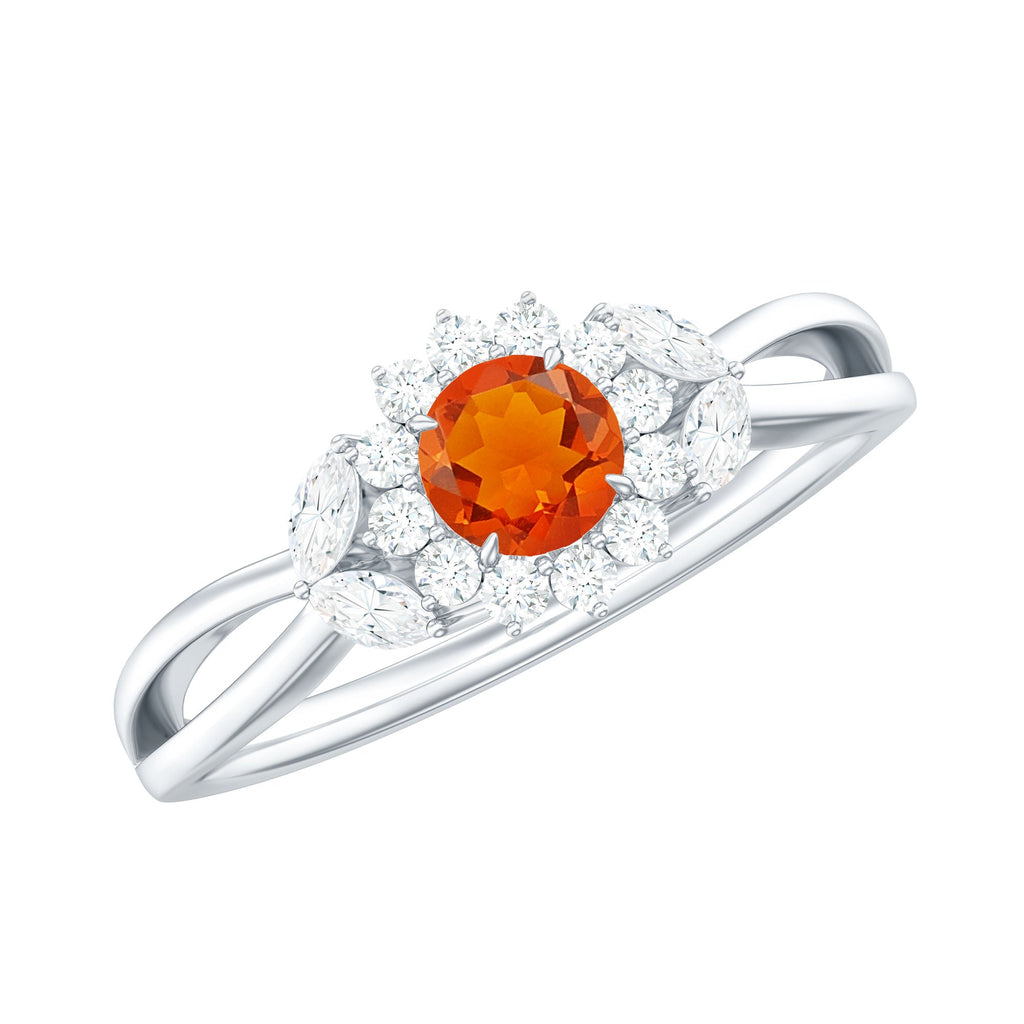 Fire Opal and Diamond Flower Engagement Ring with Split Shank