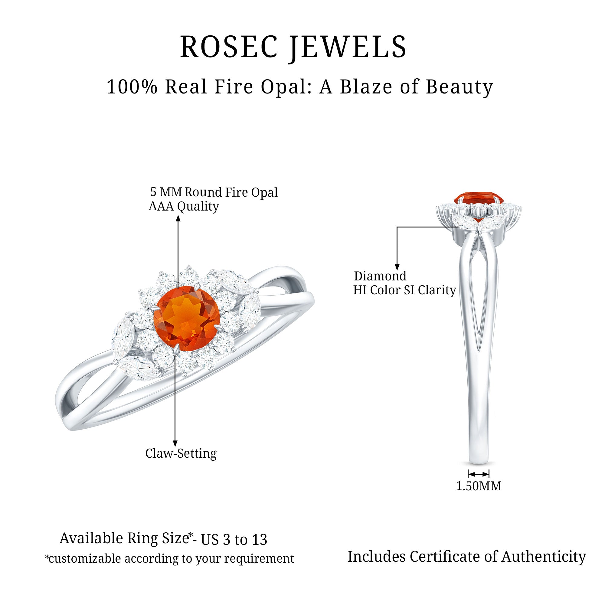Fire Opal and Diamond Flower Engagement Ring with Split Shank