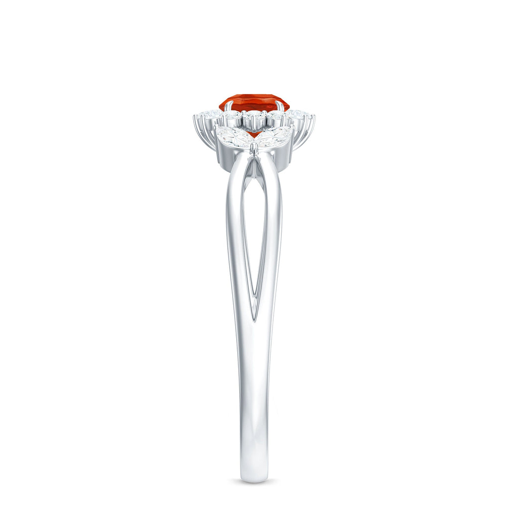 Fire Opal and Diamond Flower Engagement Ring with Split Shank