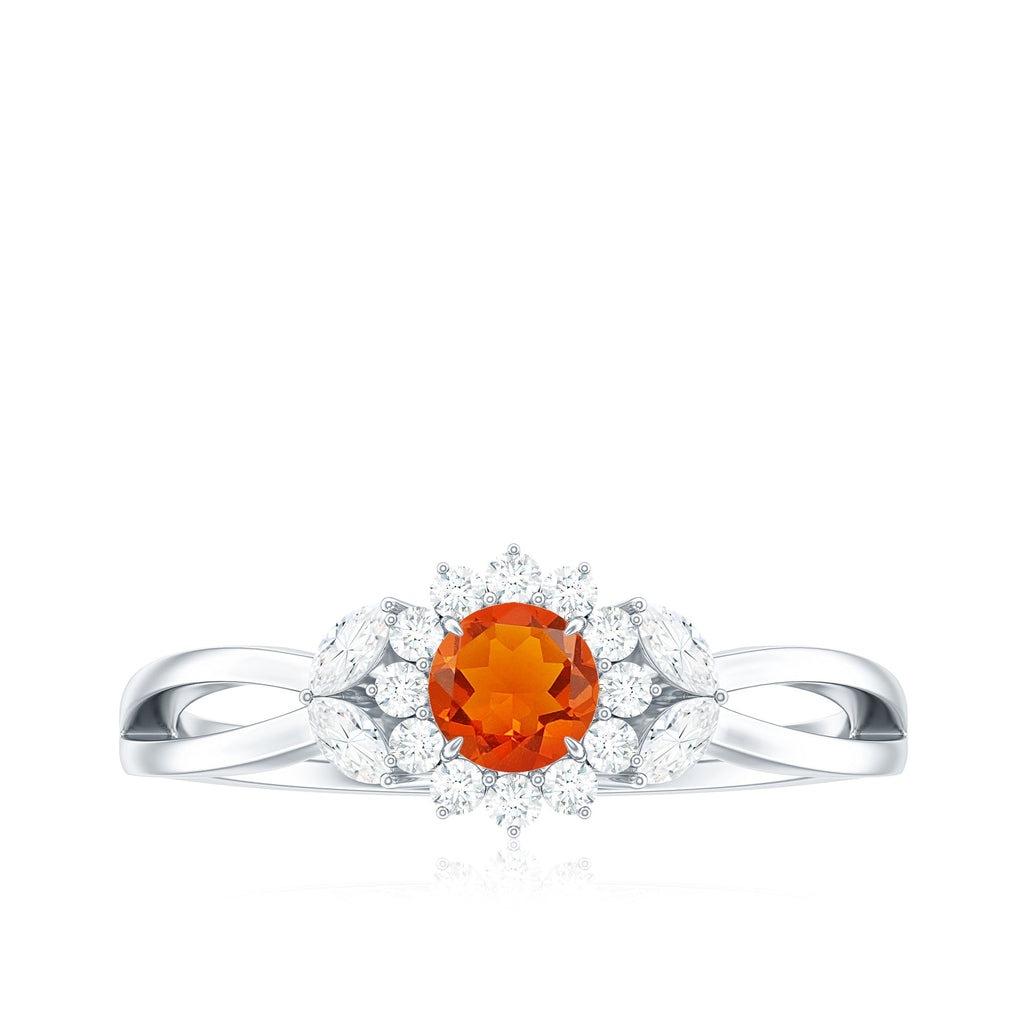 Fire Opal and Diamond Flower Engagement Ring with Split Shank