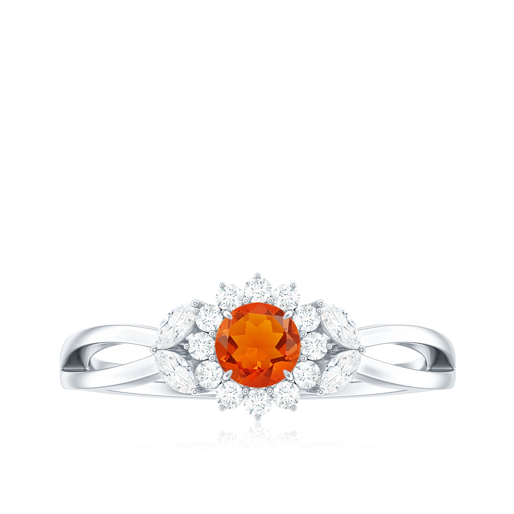 Fire Opal and Diamond Flower Engagement Ring with Split Shank