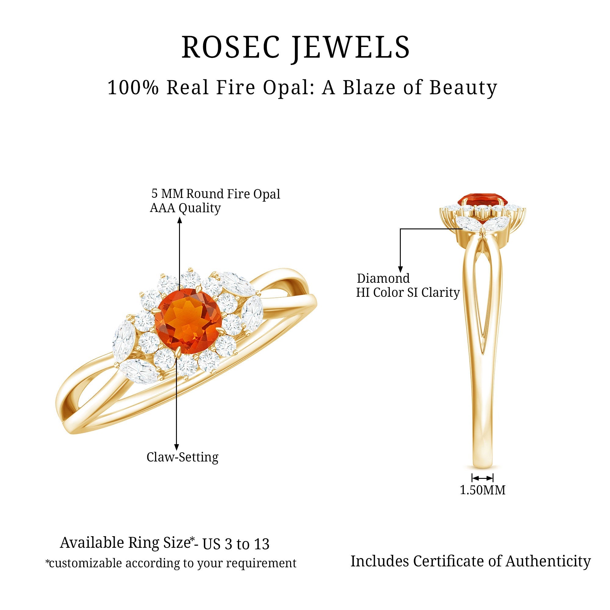 Fire Opal and Diamond Flower Engagement Ring with Split Shank