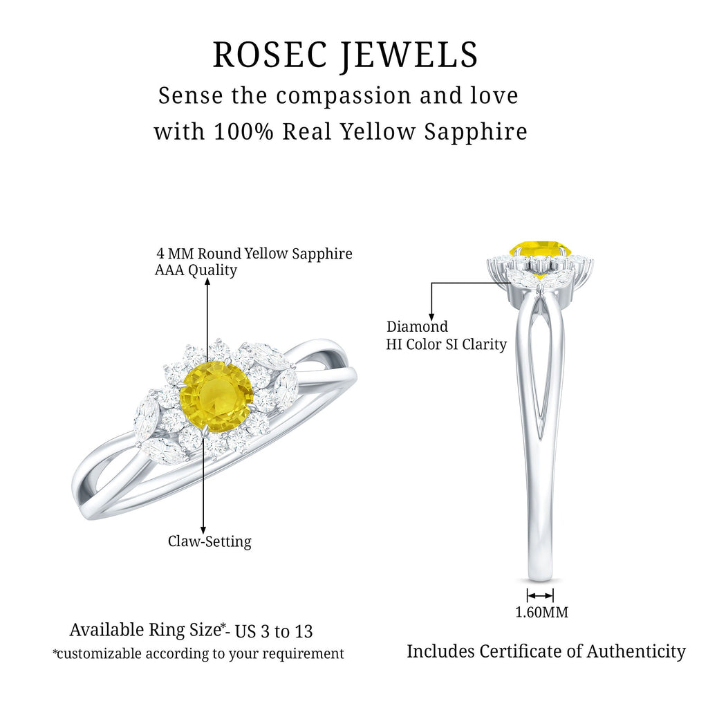 Split Shank Yellow Sapphire Flower Engagement Ring with Diamond