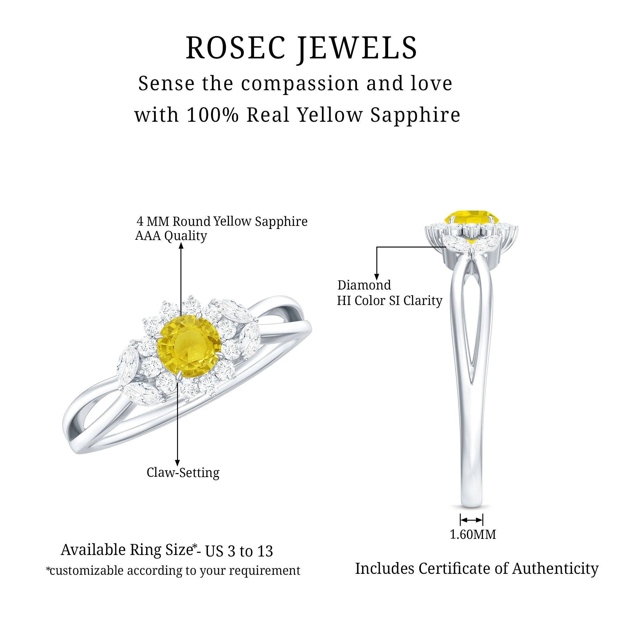 Split Shank Yellow Sapphire Flower Engagement Ring with Diamond