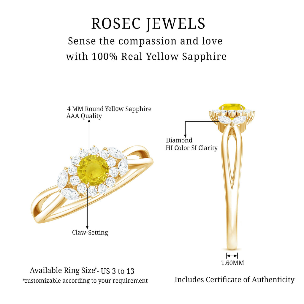 Split Shank Yellow Sapphire Flower Engagement Ring with Diamond