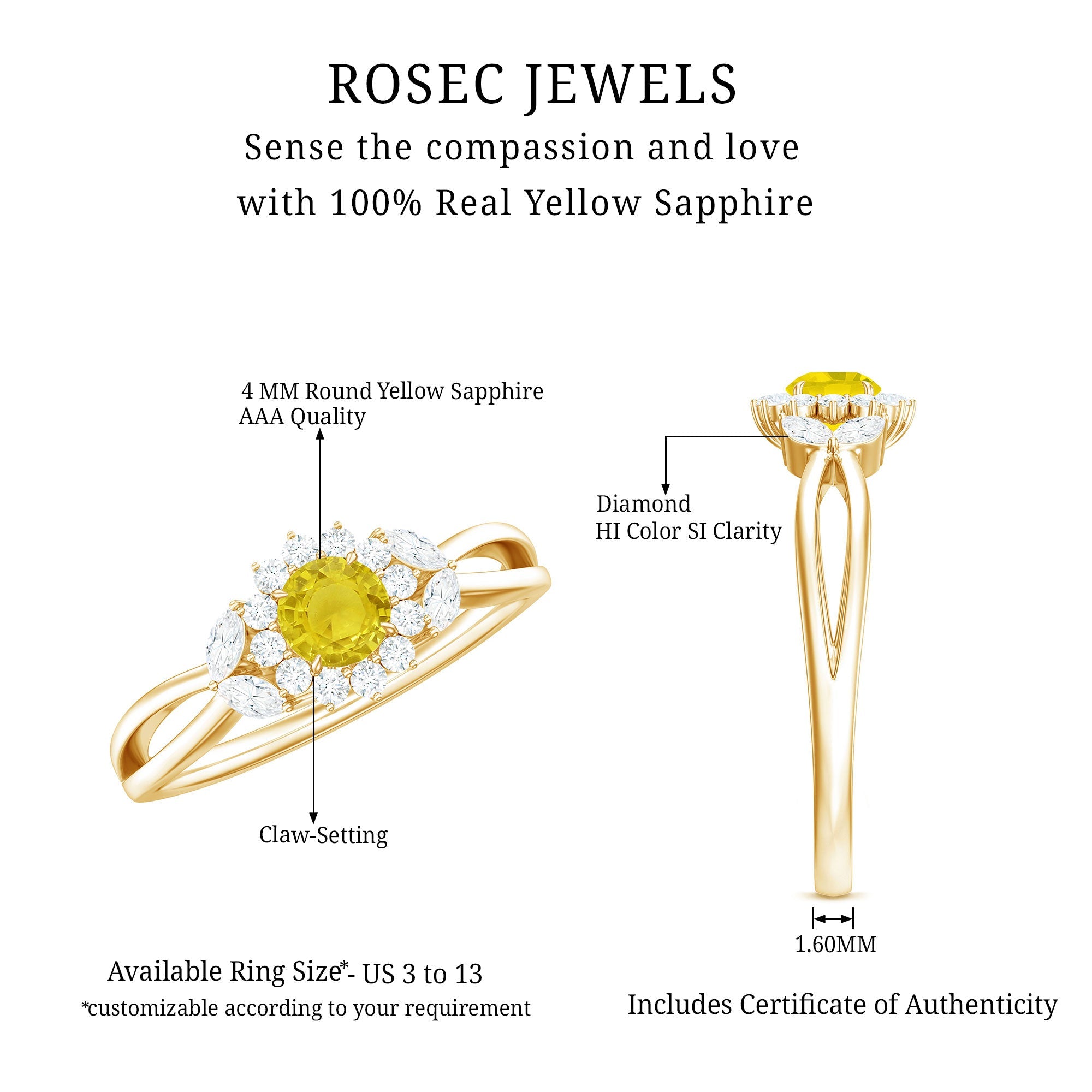Split Shank Yellow Sapphire Flower Engagement Ring with Diamond