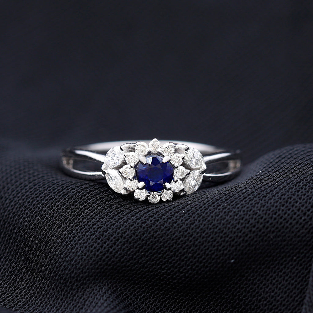 Split Shank Blue Sapphire Flower Engagement Ring with Moissanite