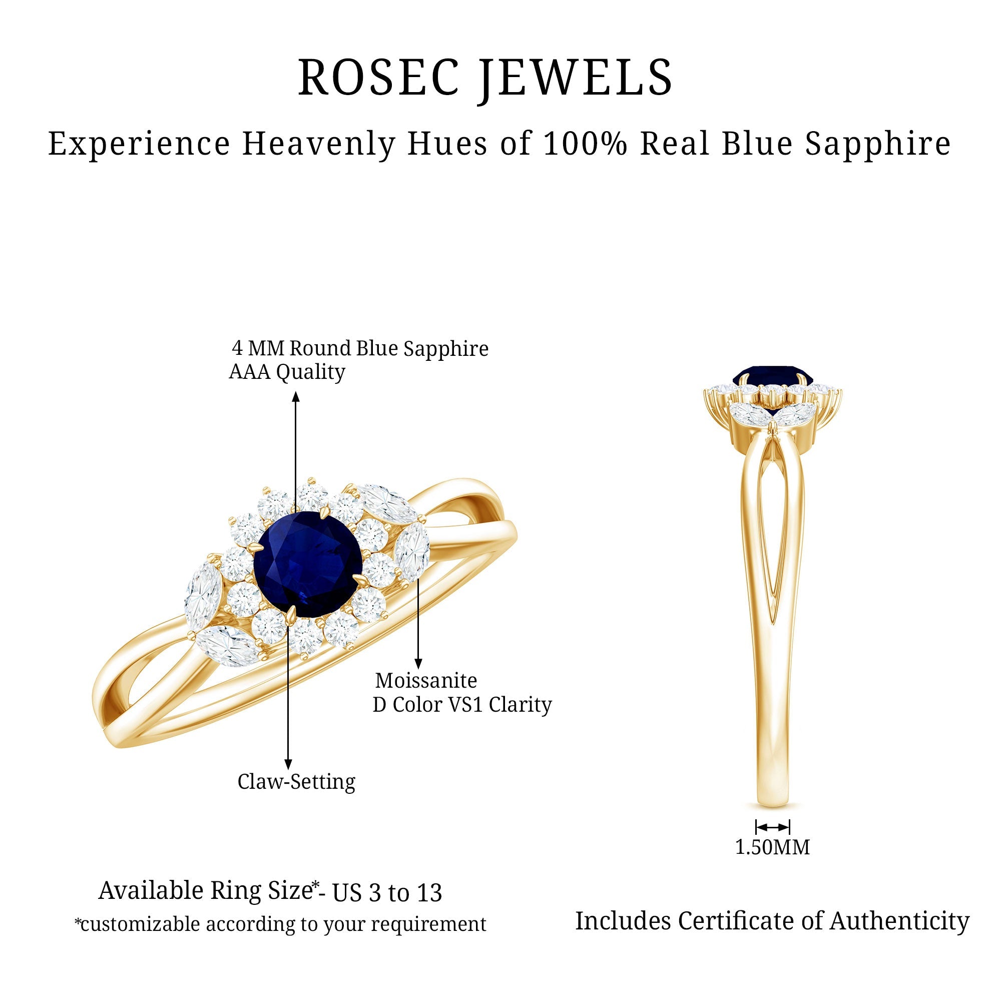 Split Shank Blue Sapphire Flower Engagement Ring with Moissanite