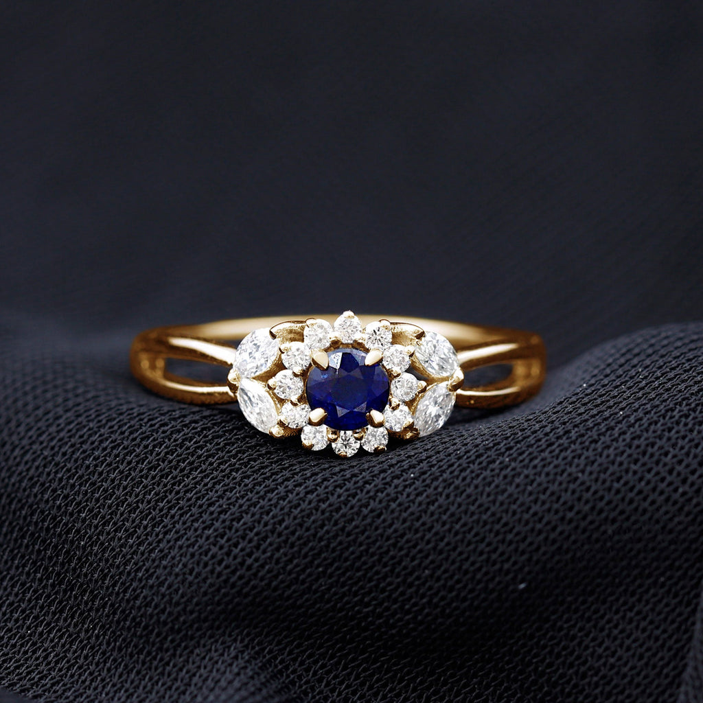 Split Shank Blue Sapphire Flower Engagement Ring with Moissanite