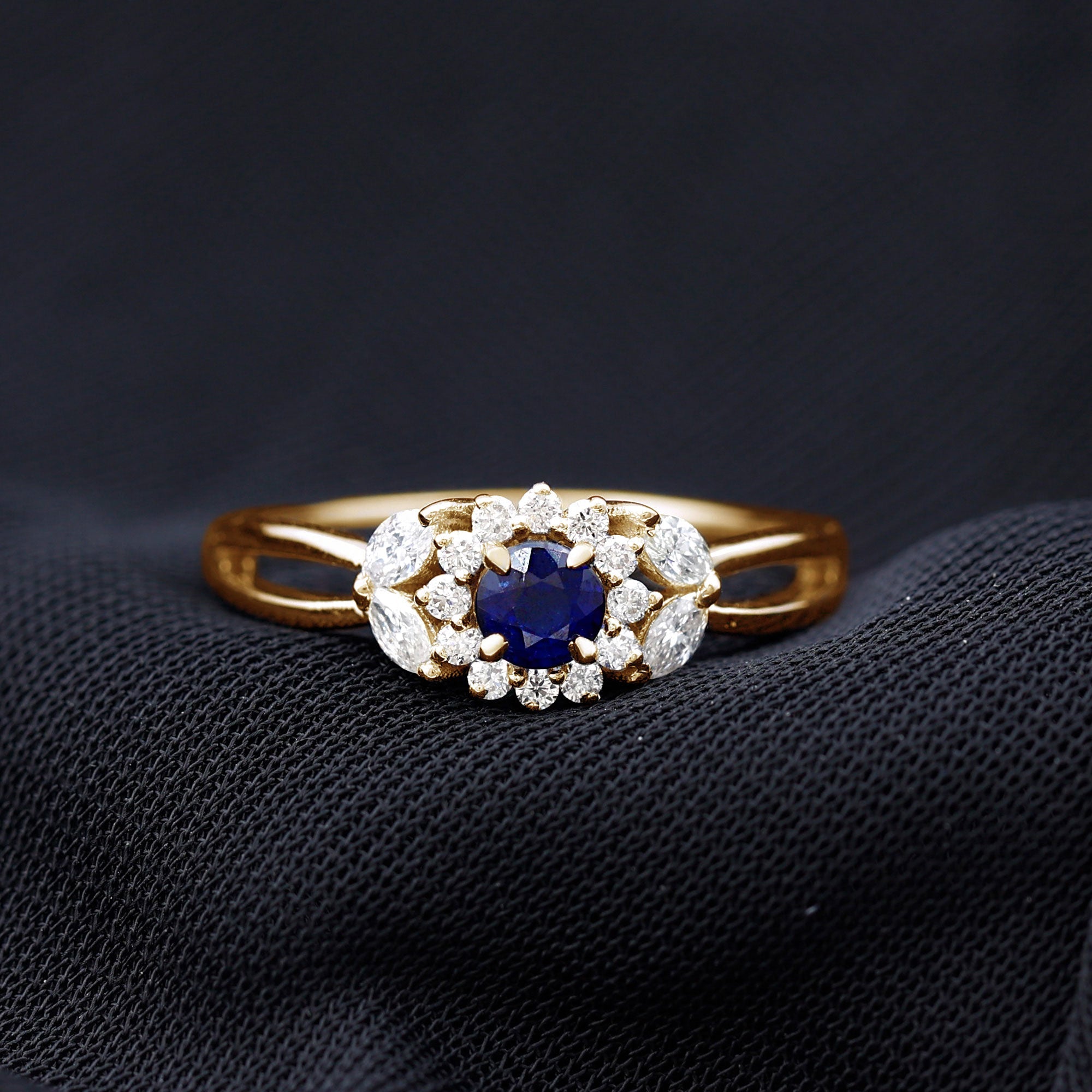 Split Shank Blue Sapphire Flower Engagement Ring with Moissanite
