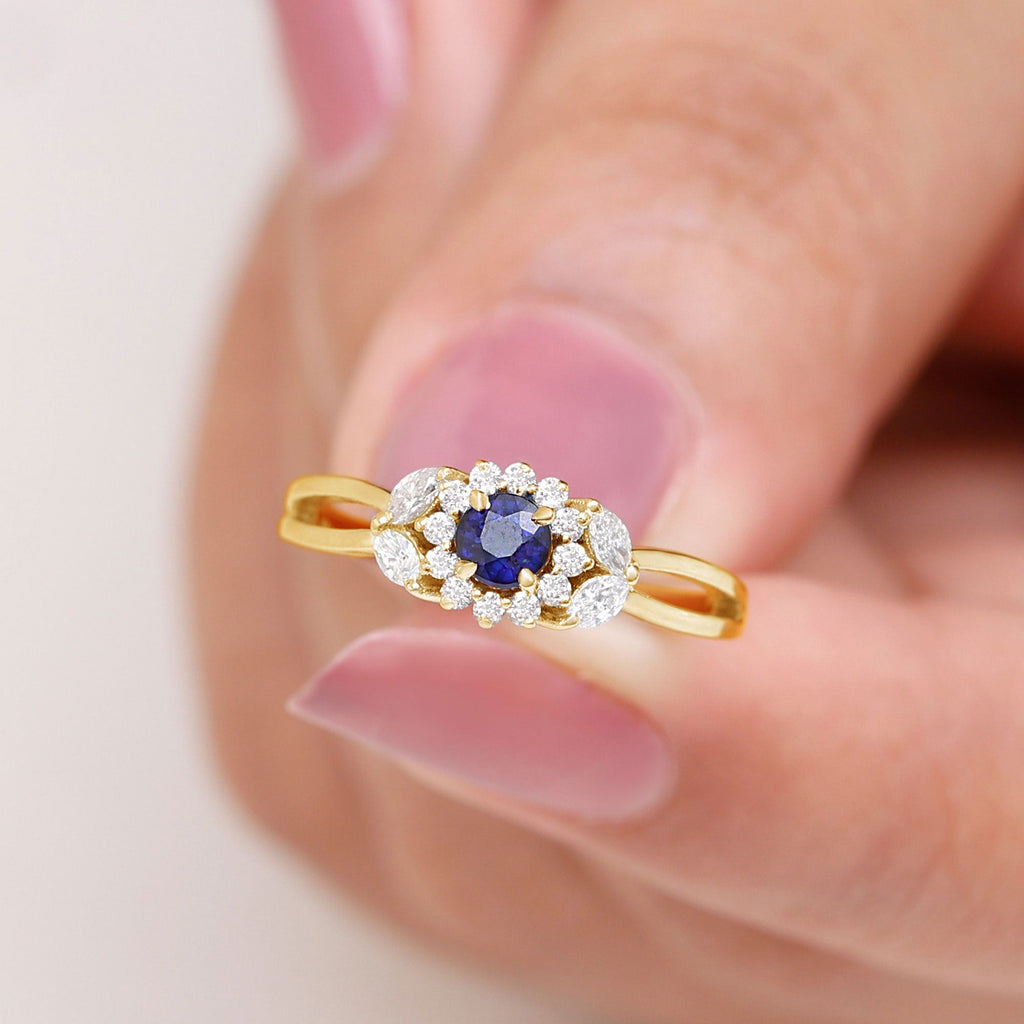Split Shank Blue Sapphire Flower Engagement Ring with Moissanite