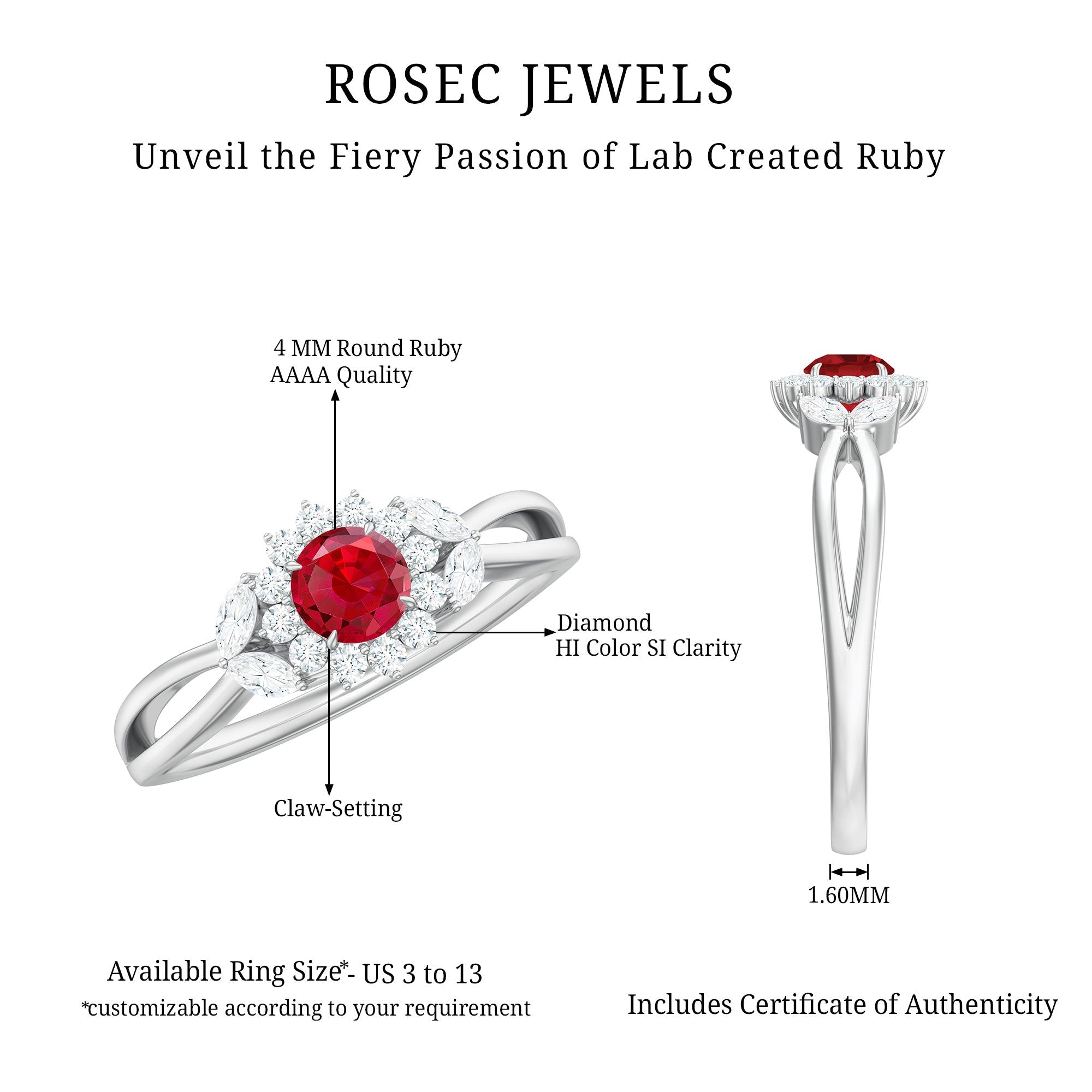 Lab Ruby and Diamond Flower Engagement Ring in Split Shank