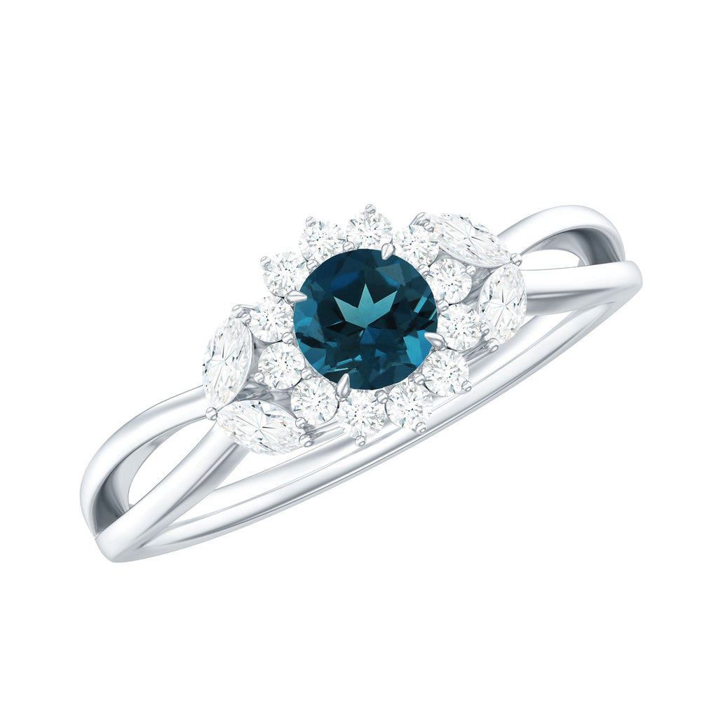 5mm London Blue Topaz Floral Engagement Ring with Diamond