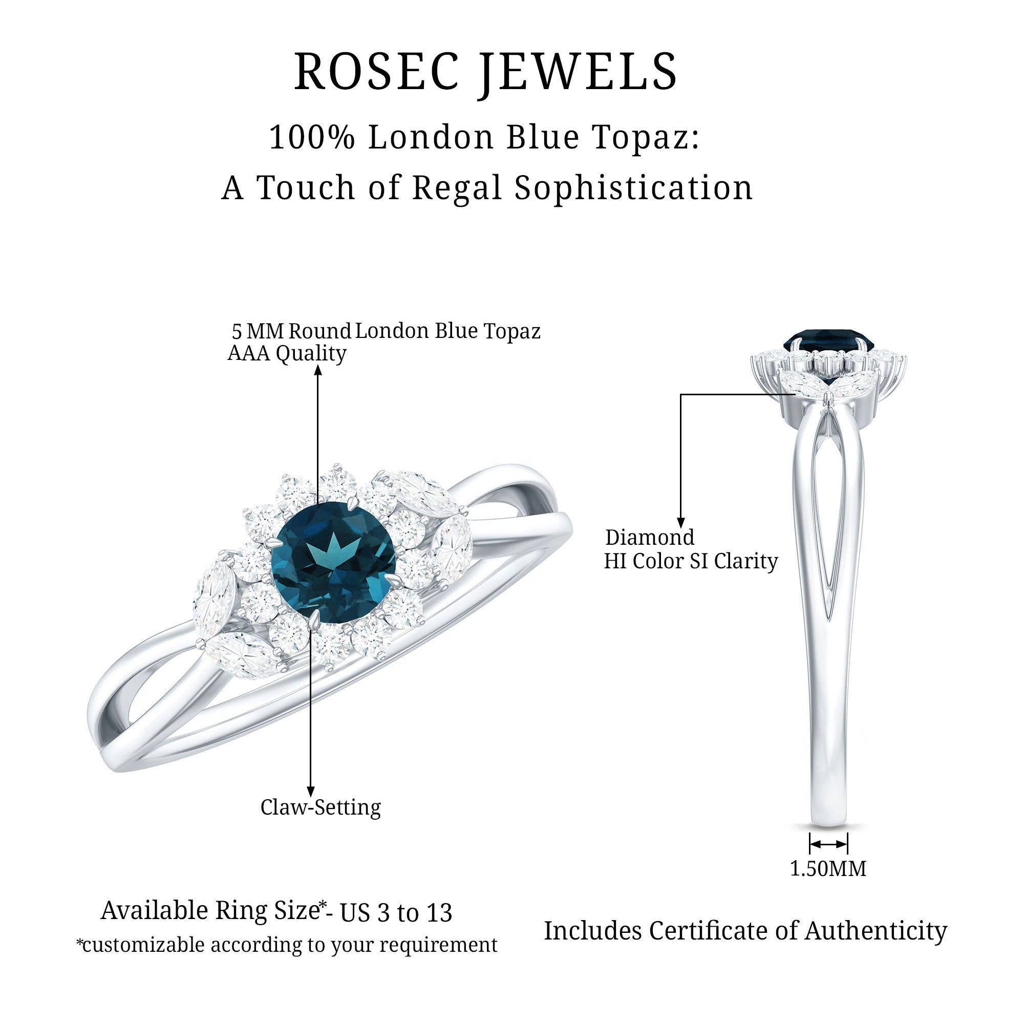 5mm London Blue Topaz Floral Engagement Ring with Diamond