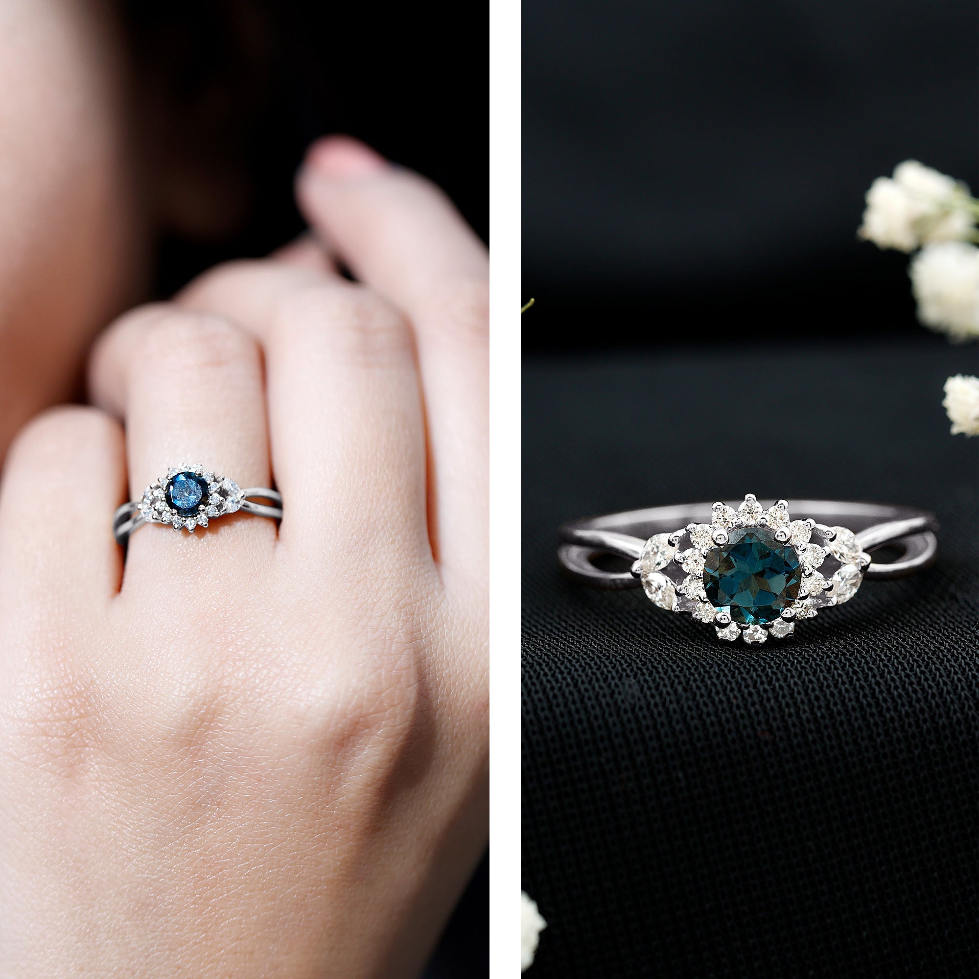 5mm London Blue Topaz Floral Engagement Ring with Diamond