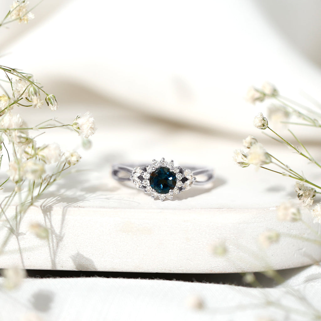 5mm London Blue Topaz Floral Engagement Ring with Diamond